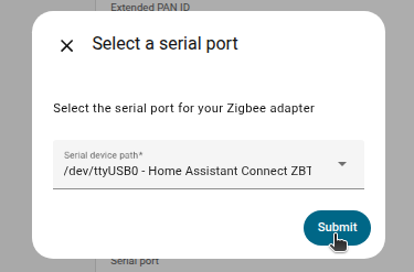 Screenshot showing the Select a serial port dialog