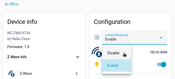 Screenshot showing the configuration section and the selector to enable the tilt indicator